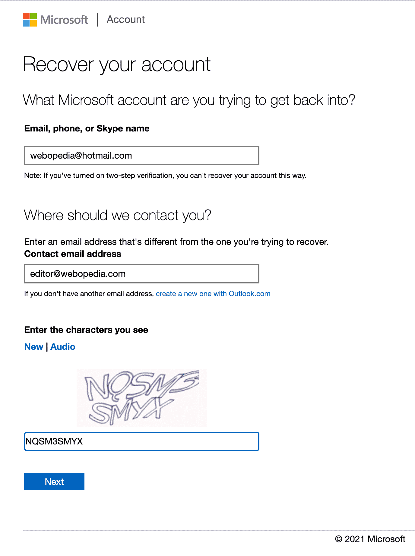 Hotmail account recovery screen.