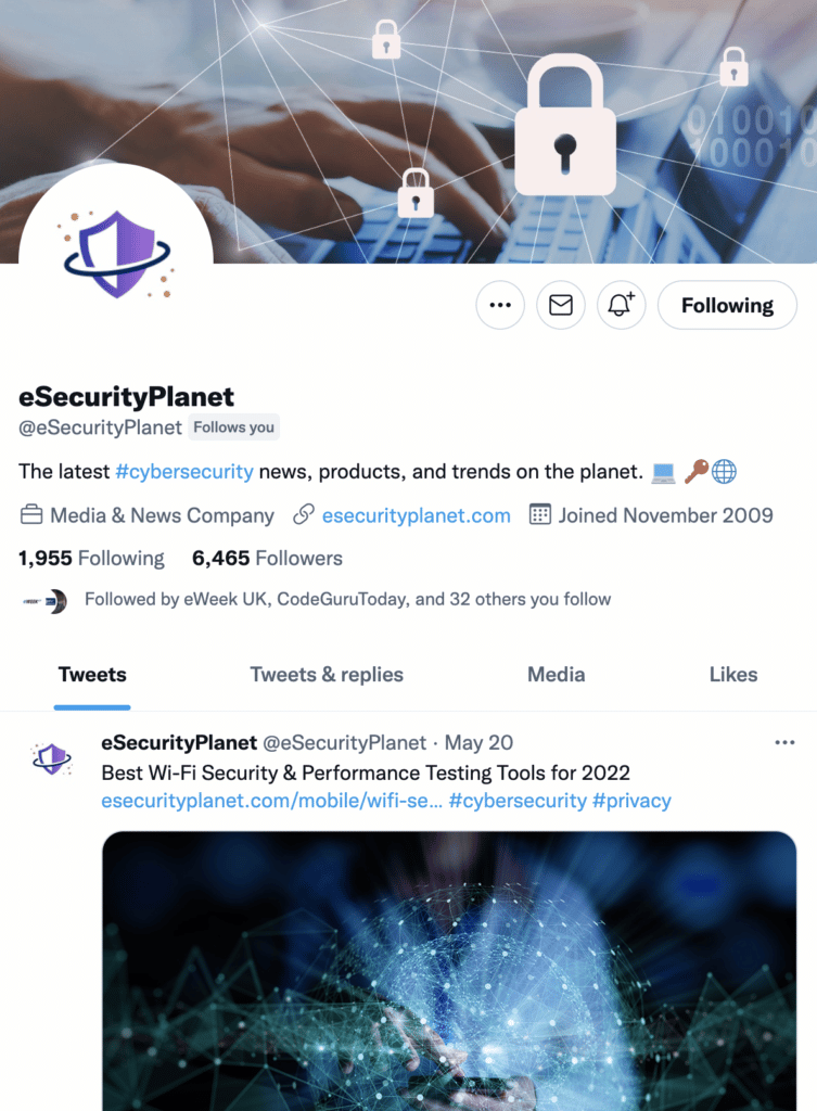 A profile for the eSecurity Planet Twitter account, showing the account’s handle, description, additional details, and posts.