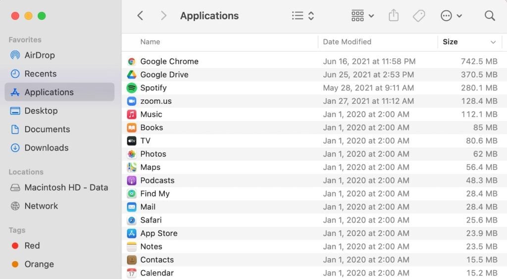 a list of applications in order of drive space they take up on Mac.