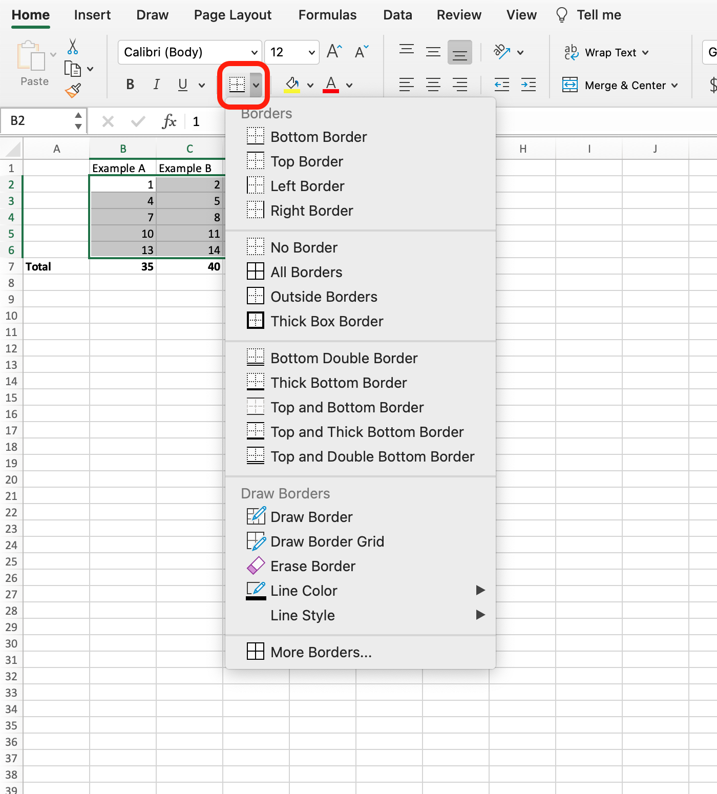 Screenshot of border menu in Microsoft Excel.