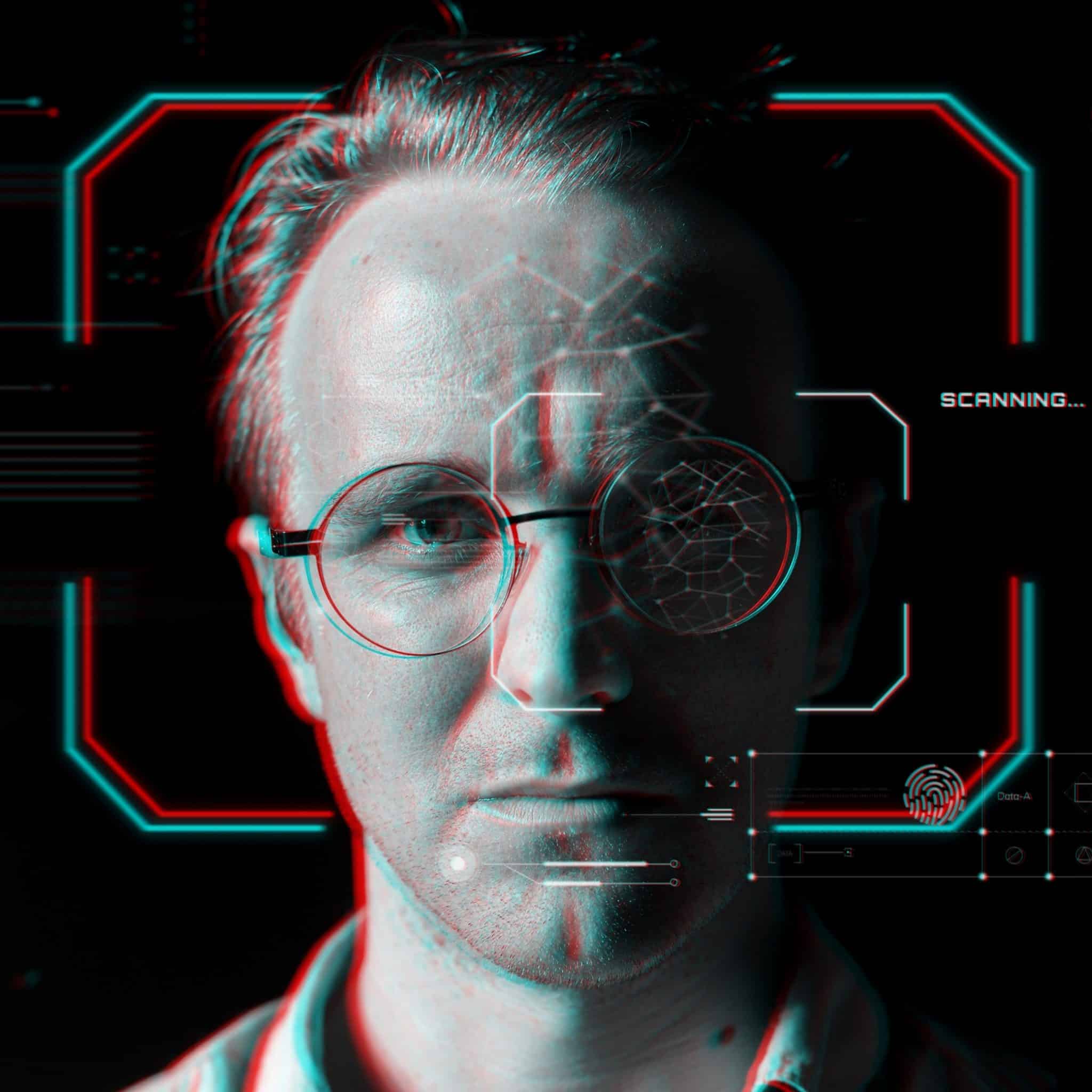 Digital illustration of facial recognition software at work.