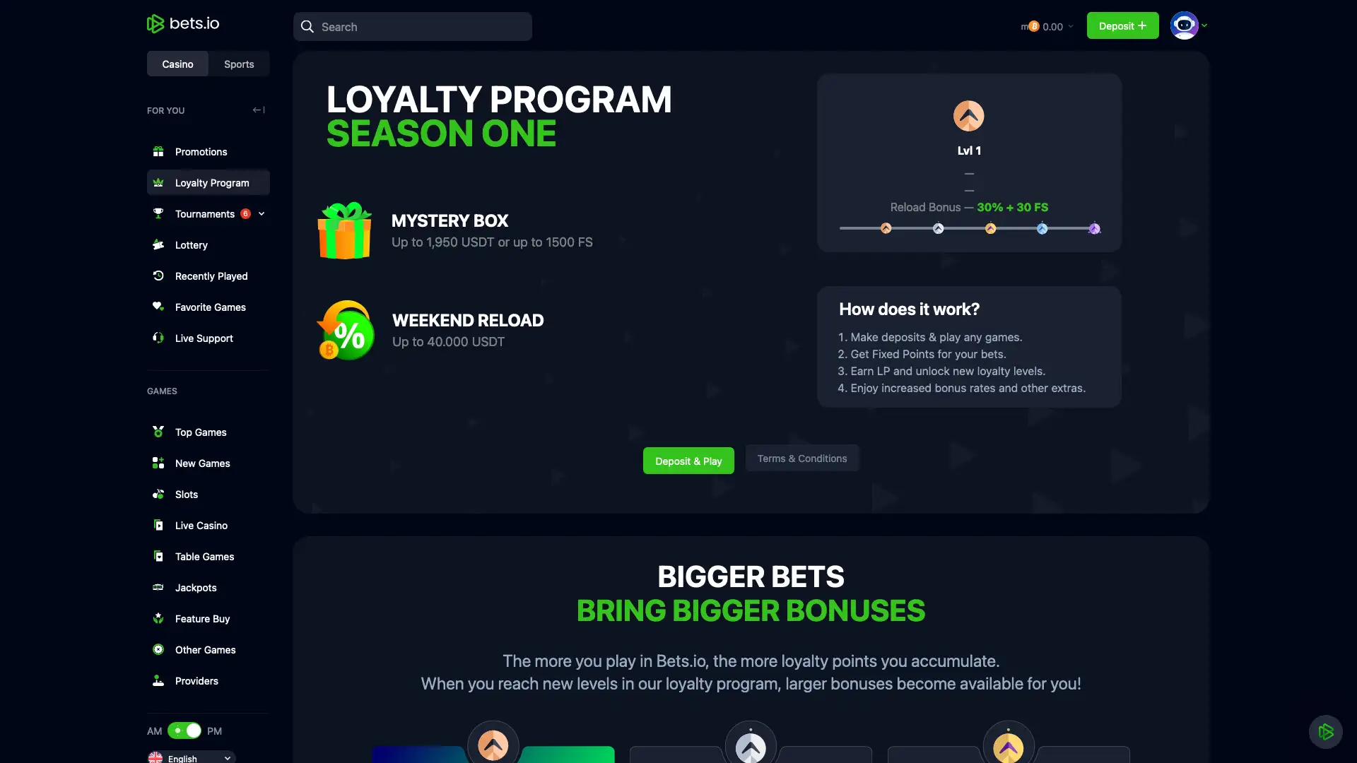 Bets.io Exclusive Loyalty VIP Programme Desktop