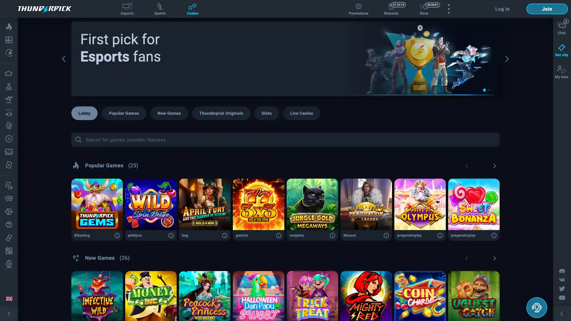screenshot of thunderpick casino games catalog
