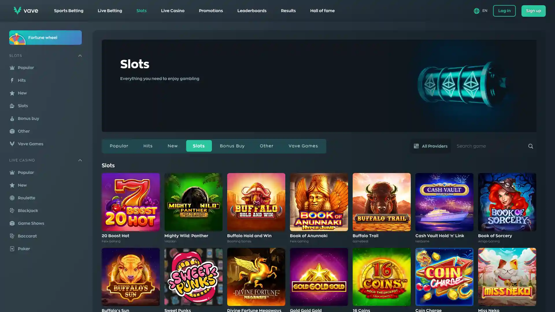 screenshot of vave casino exclusive games 