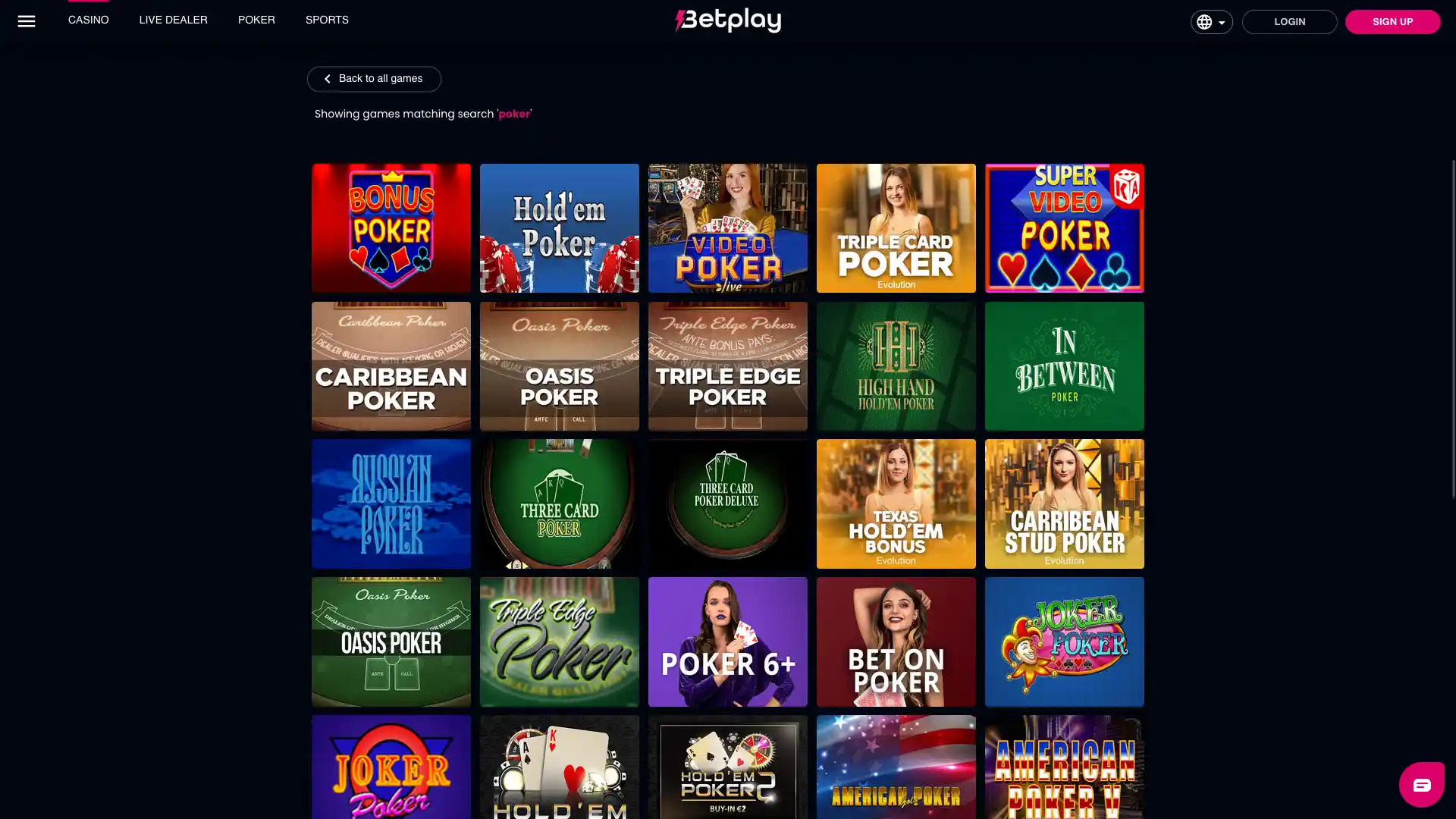 screenshot of poker games available at betplay casino