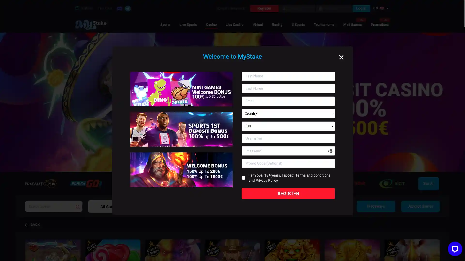 screenshot of mystake casino registration page