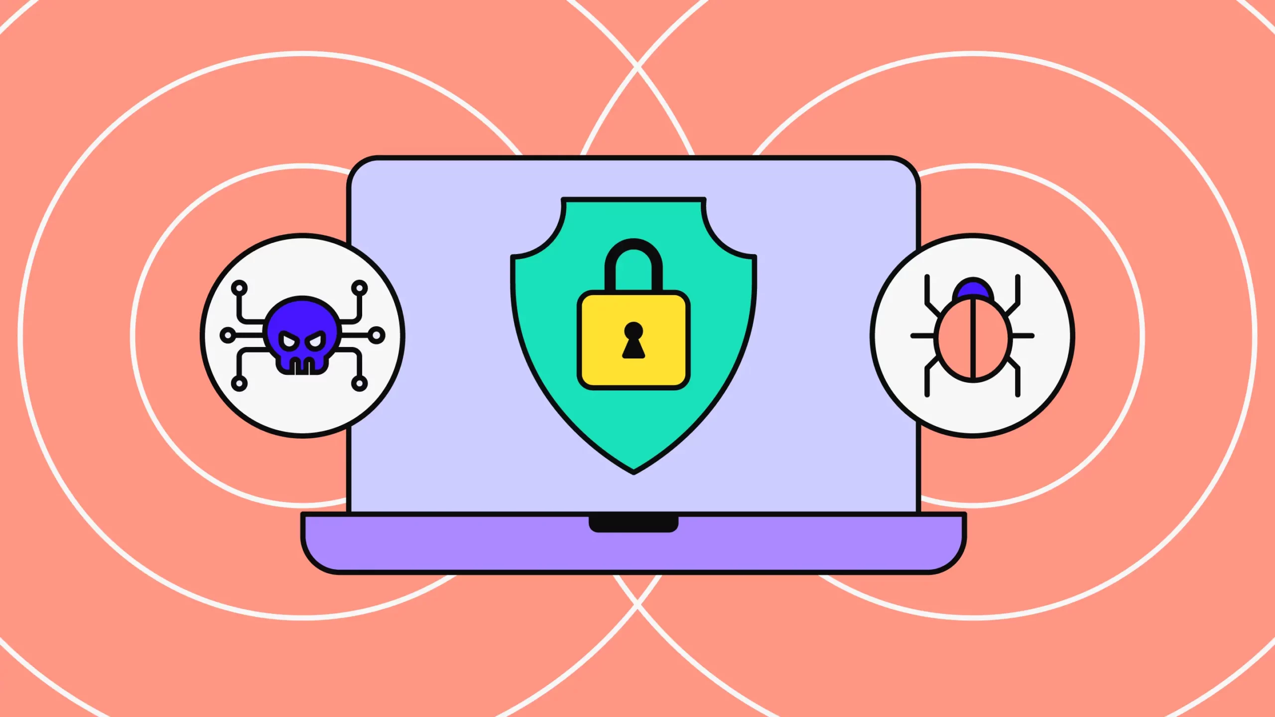 computer with a padlock and cyber bugs either side