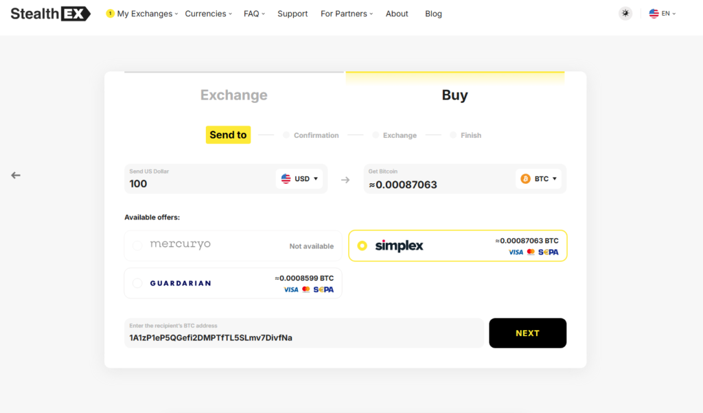 StealthEX Buy Transaction