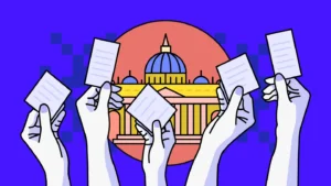 Crowd of hands holding up betting slips before a government building