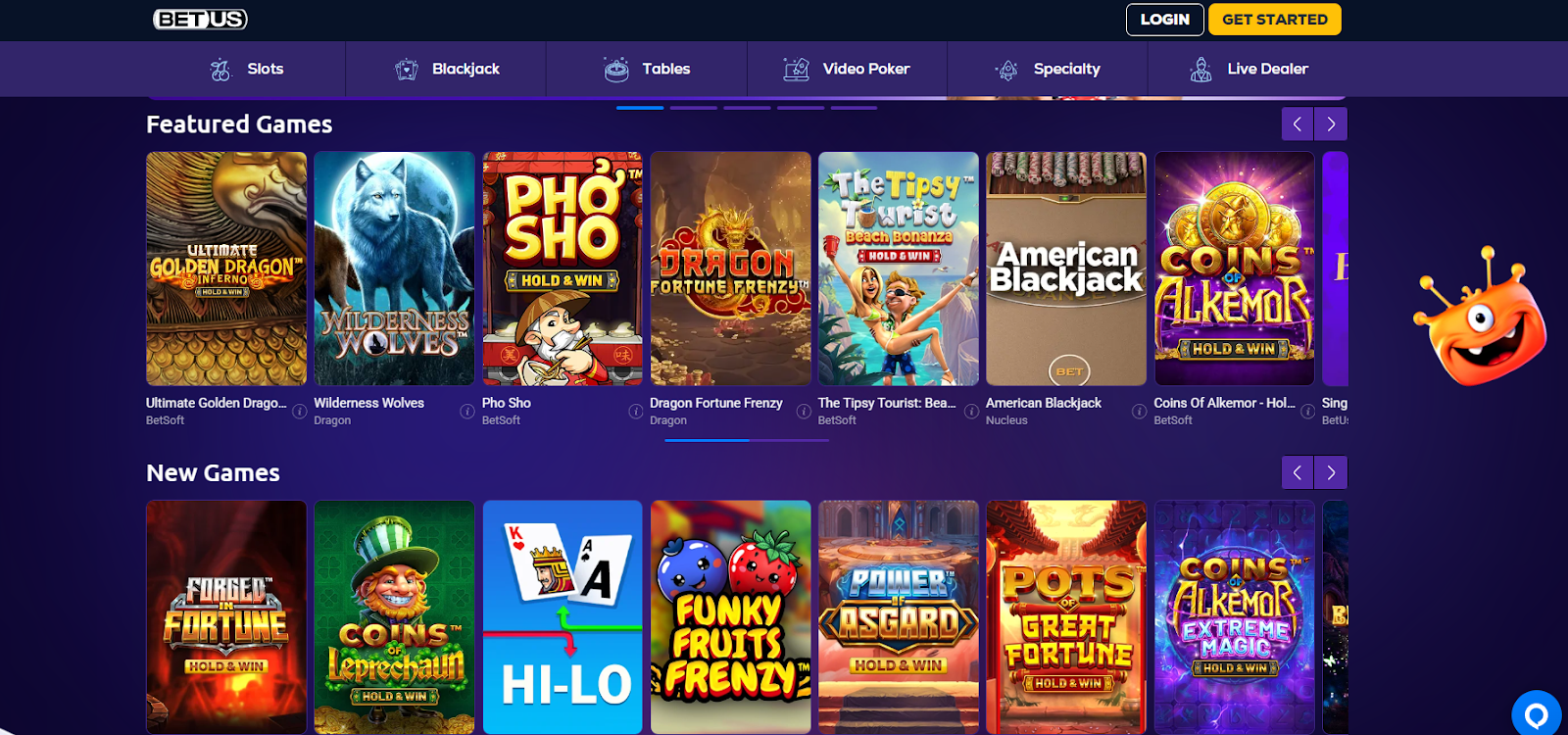 BetUS range of games and providers