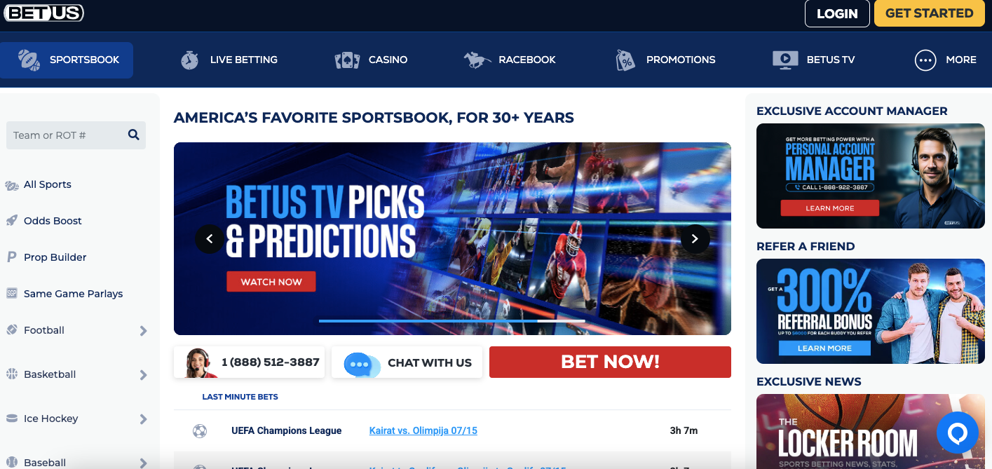BetUS range of sports markets and tournaments