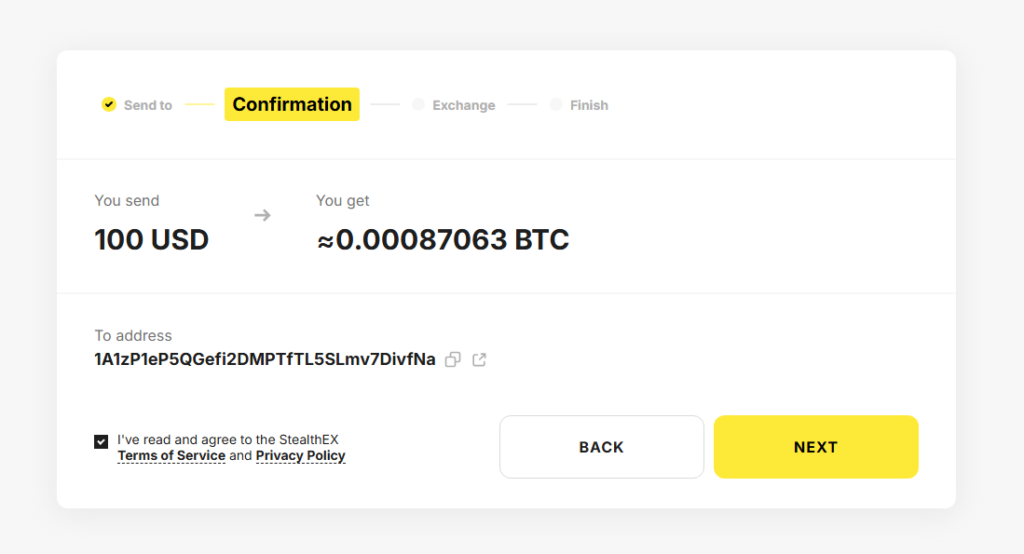StealthEX confirm details