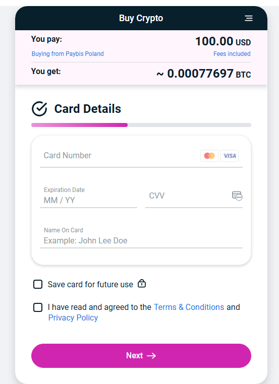 StealthEX payment details