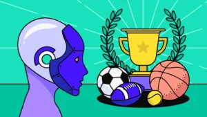 AI agent looking at sports items including tennis, rugby and footballs, and a trophy
