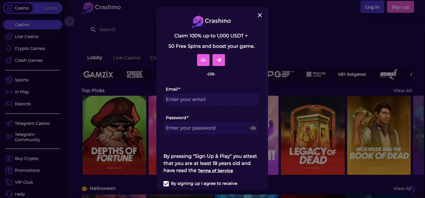 Crashino sign up