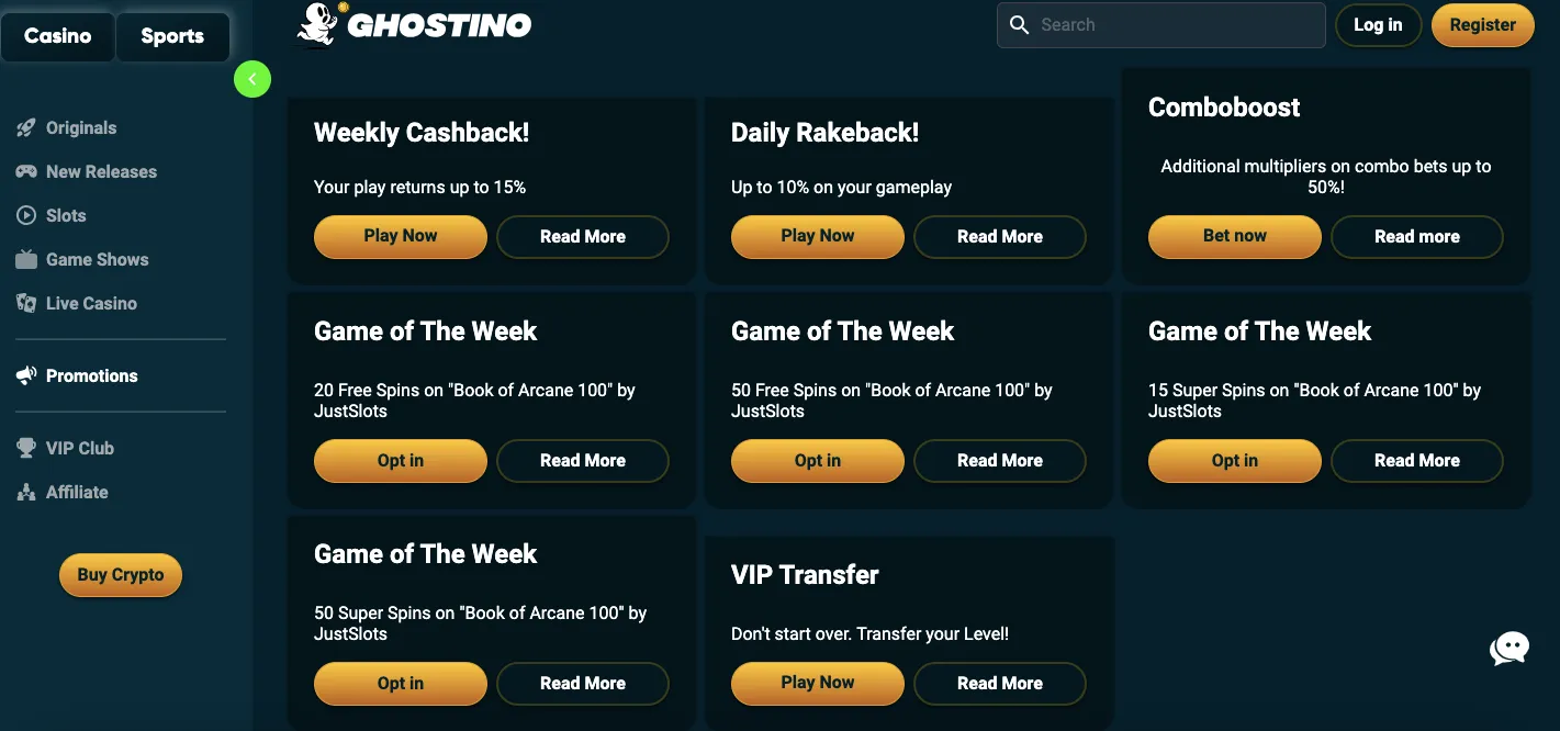 Ghostino bonuses and promotions
