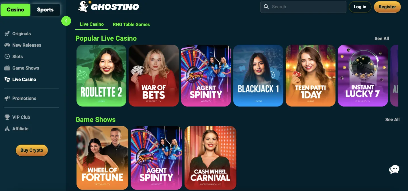 Ghostino live casino section