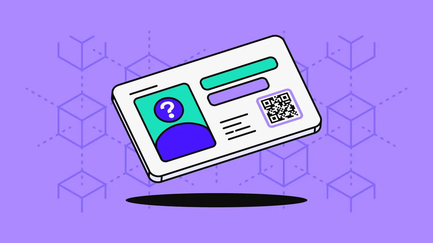 ID card with a QR code and blockchain graphic in the background
