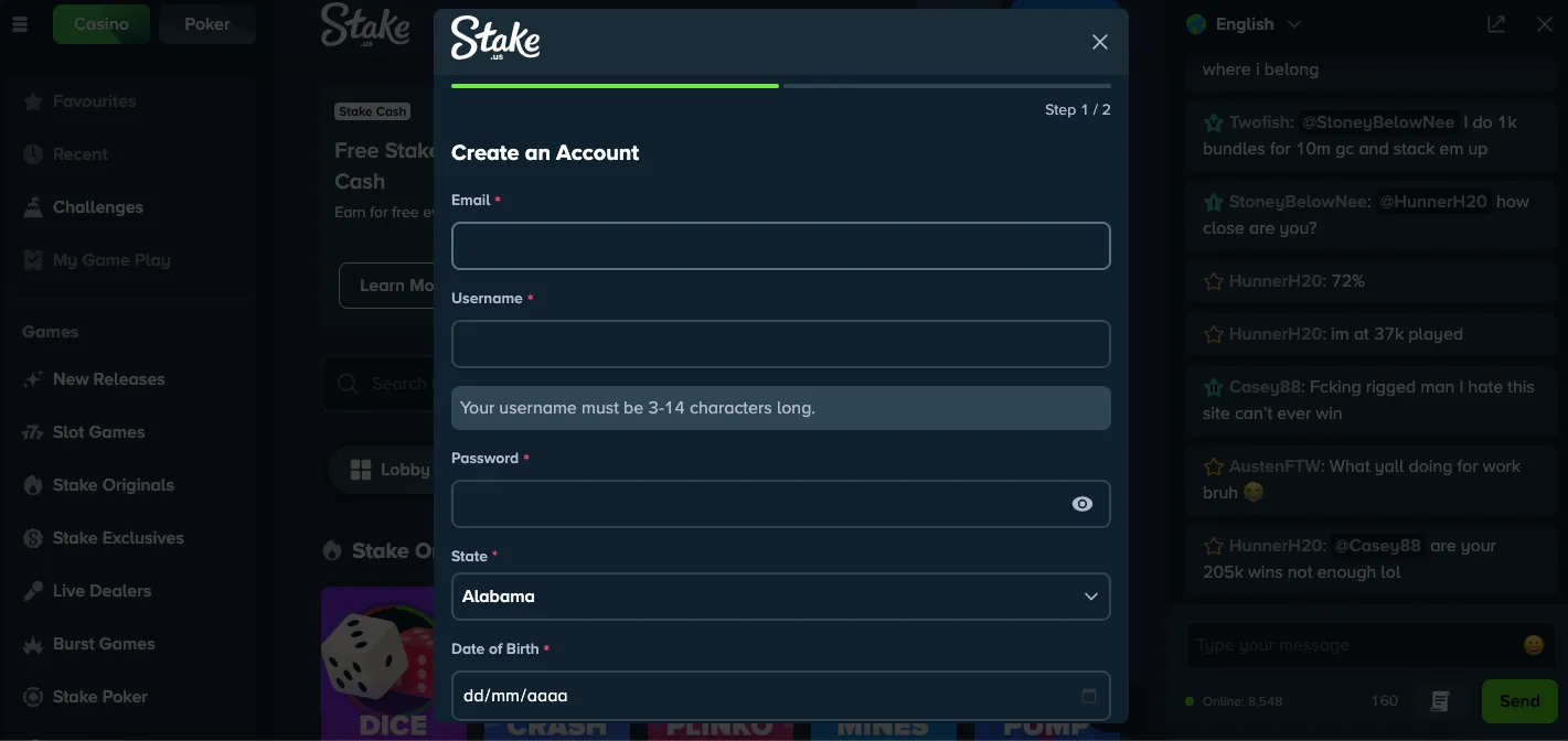 Stake.us sign up