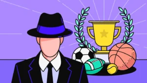 Sports balls and trophies with a mysterious man in black in the foreground, representing match fixing