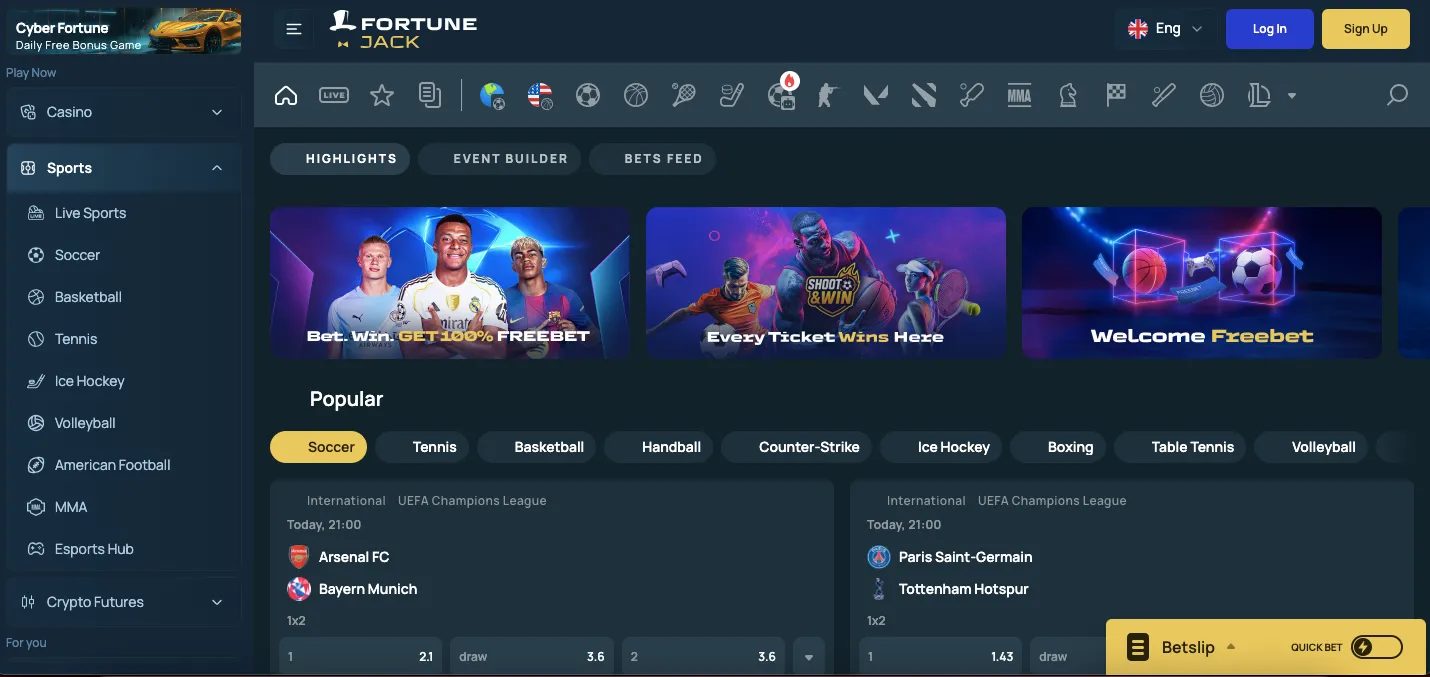FortuneJack sports markets and tournaments