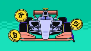 Formula 1 race car surrounded by crypto