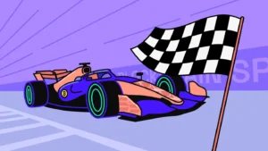Forula 1 race car with checkered flag waving, braand sponsorship showing in the background