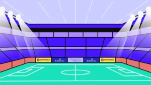 Football stadium with crypto sponsorships displayed at the sidelines