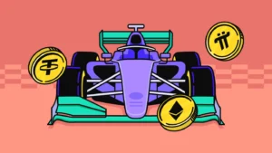 F1 race car with crypto around it