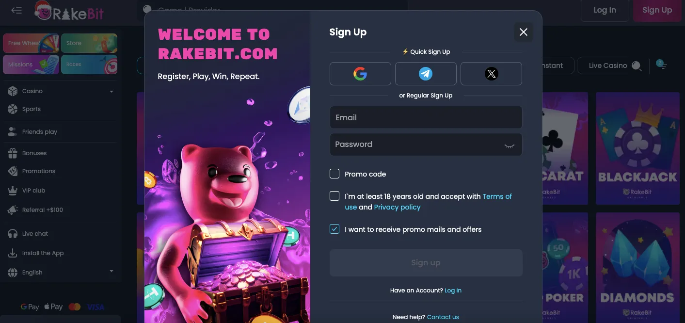 Rakebit casino sign up