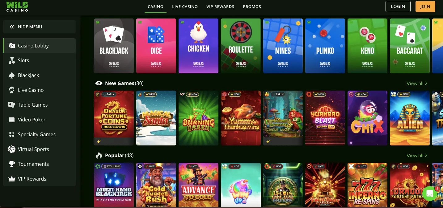 Wild Casino range of games and software providers