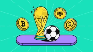 World cup trophy surrounded by footballs and crypto