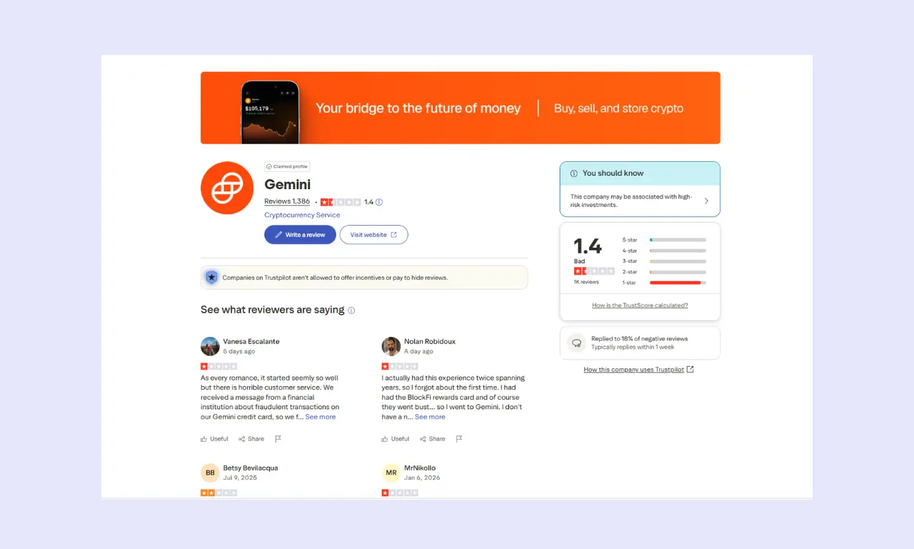 Gemini Exchange Trustpilot