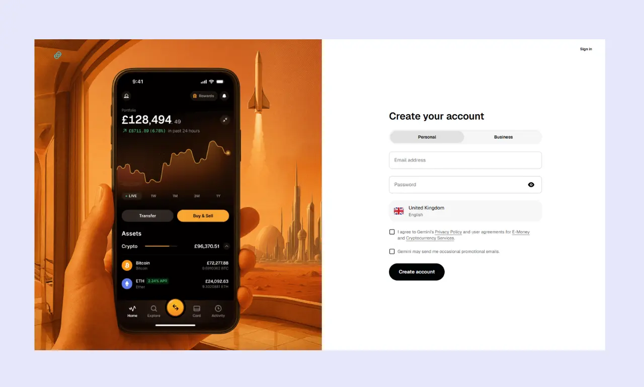 Gemini Exchange login page