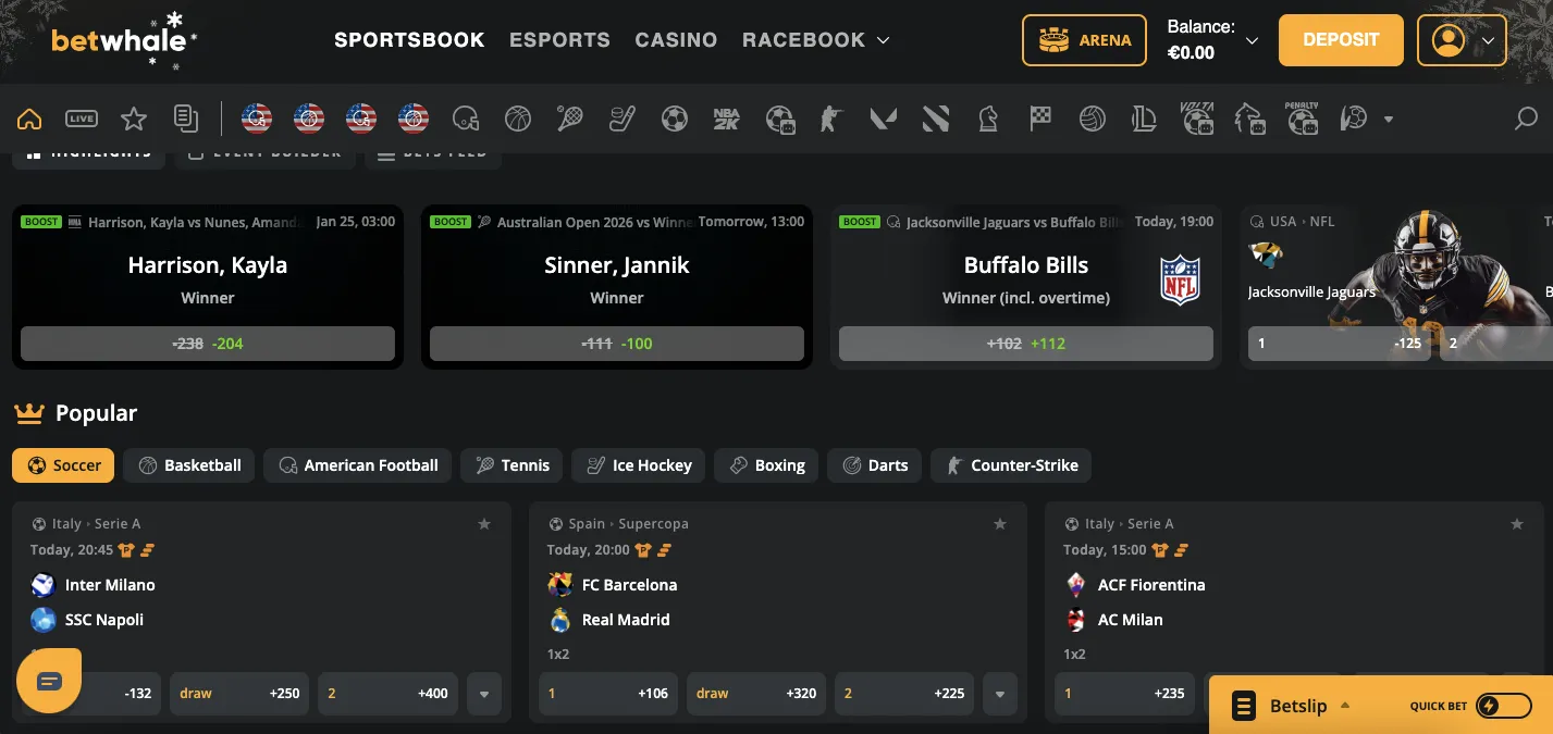 BetWhale range of sports markets and tournaments