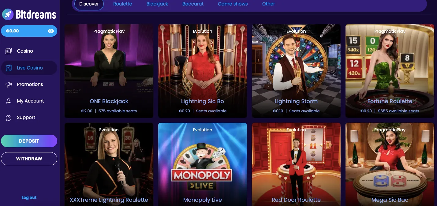 Bitdreams live casino