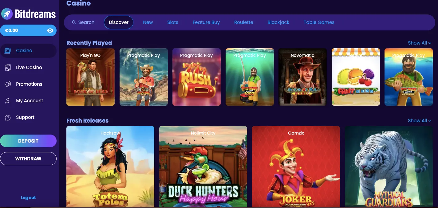 Bitdreams casino games and software providers