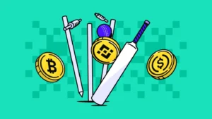Cricket equipment surrounded by floating crypto coins