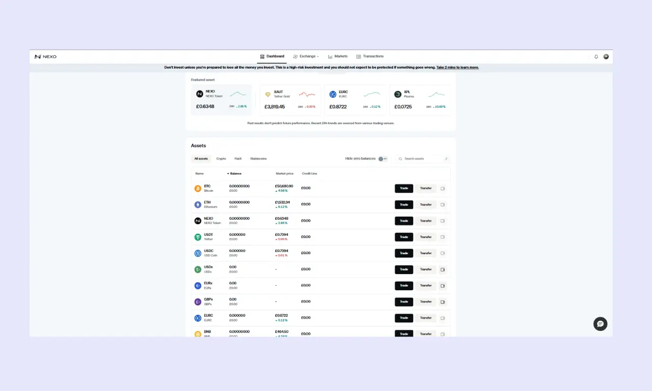 Nexo Exchange crypto offerings