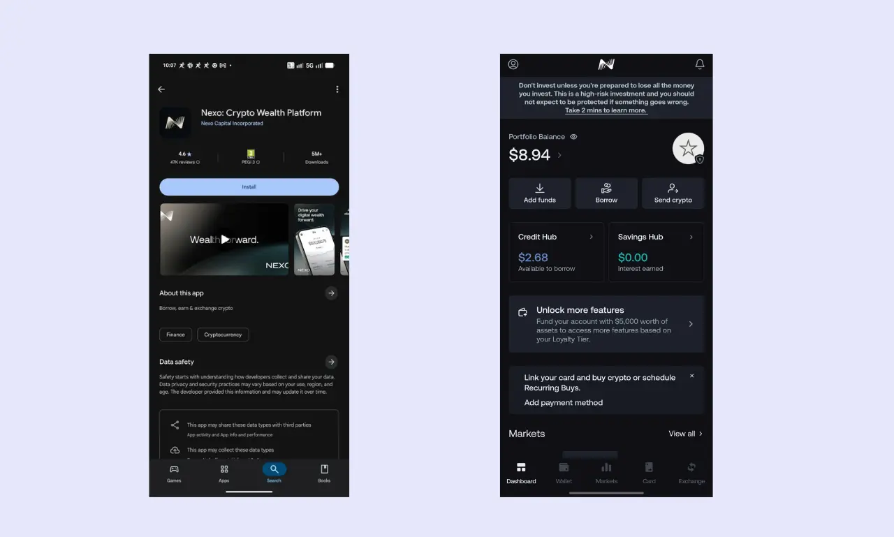 Nexo exchange Mobile app