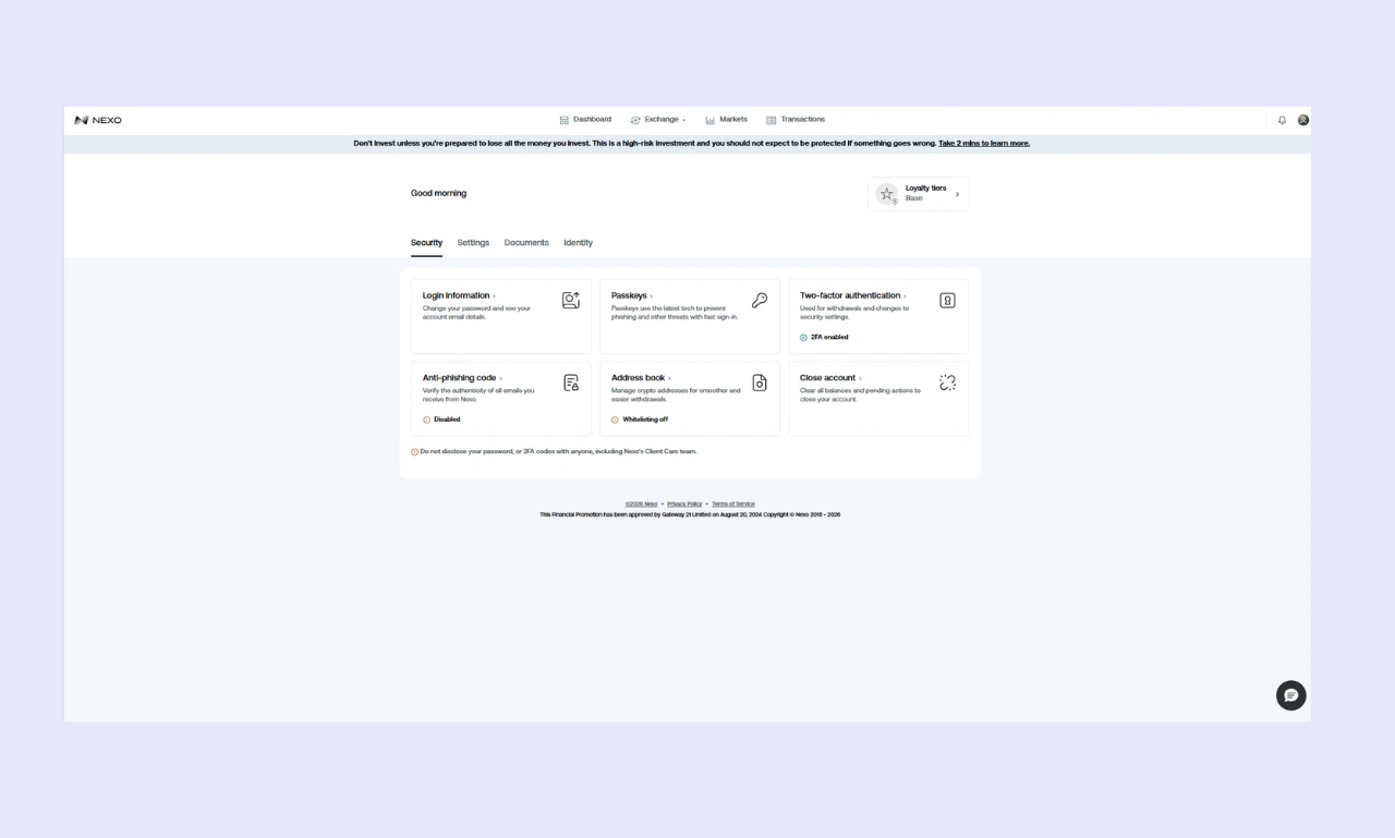 Nexo Exchange Review - Security Options