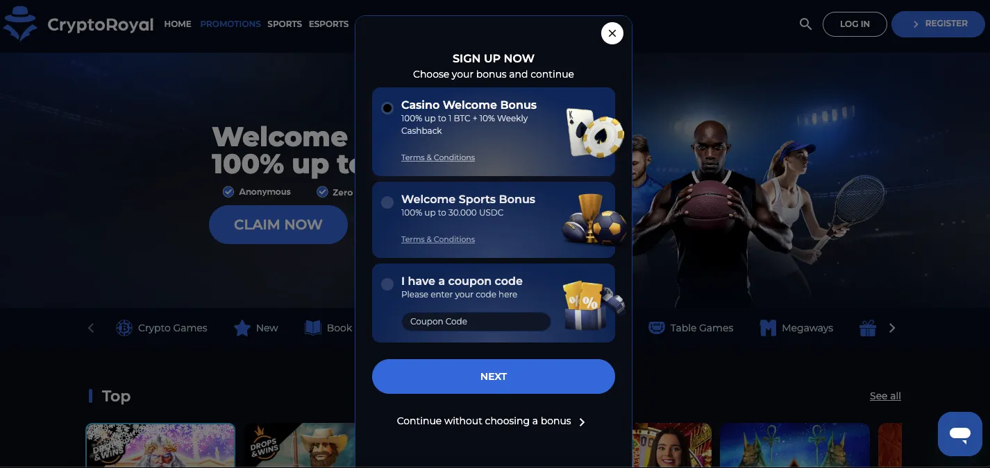 CryptoRoyal casino sign up steps