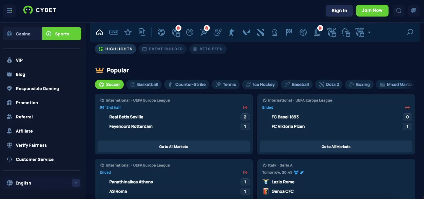 Cybet sports markets and tournaments