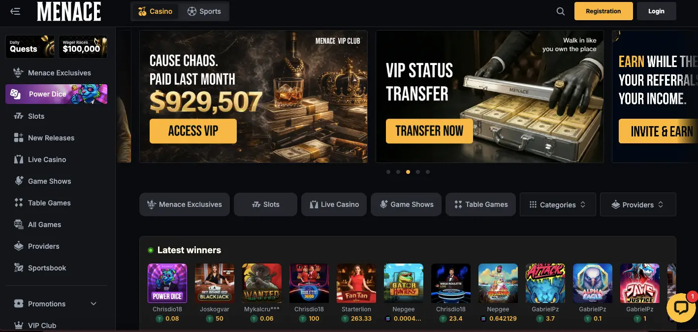 Menace casino games and providers
