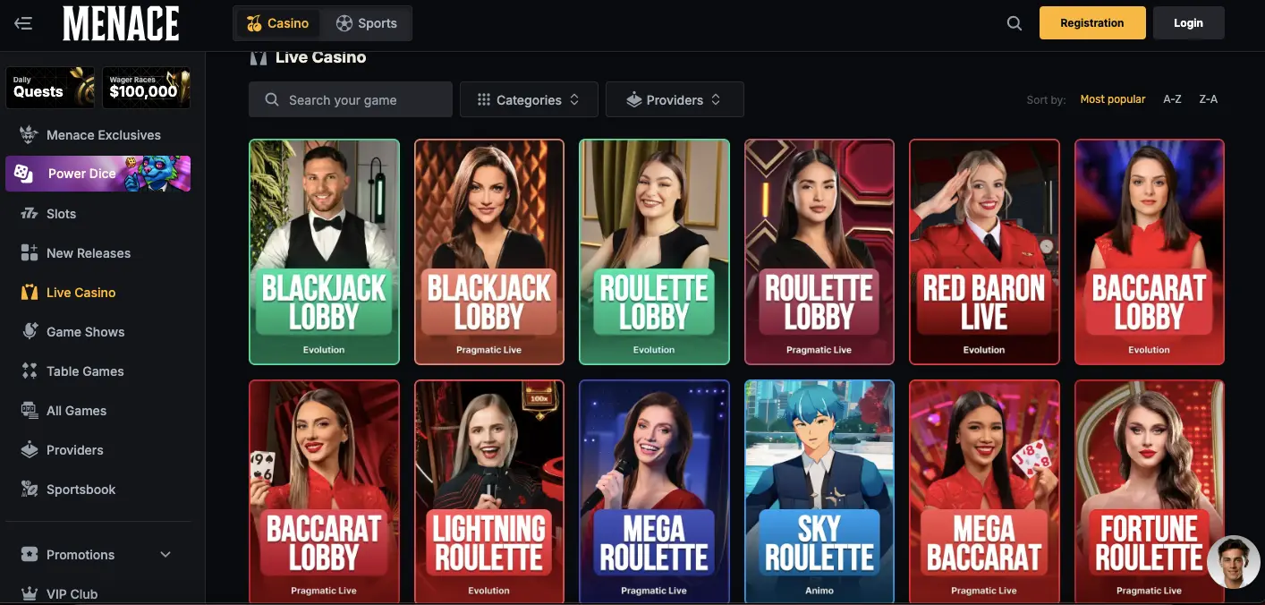 Menace live casino section