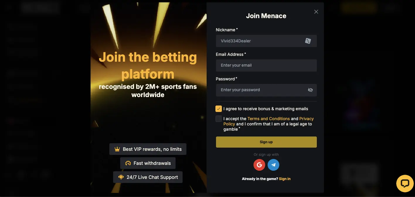 Menace casino sign up
