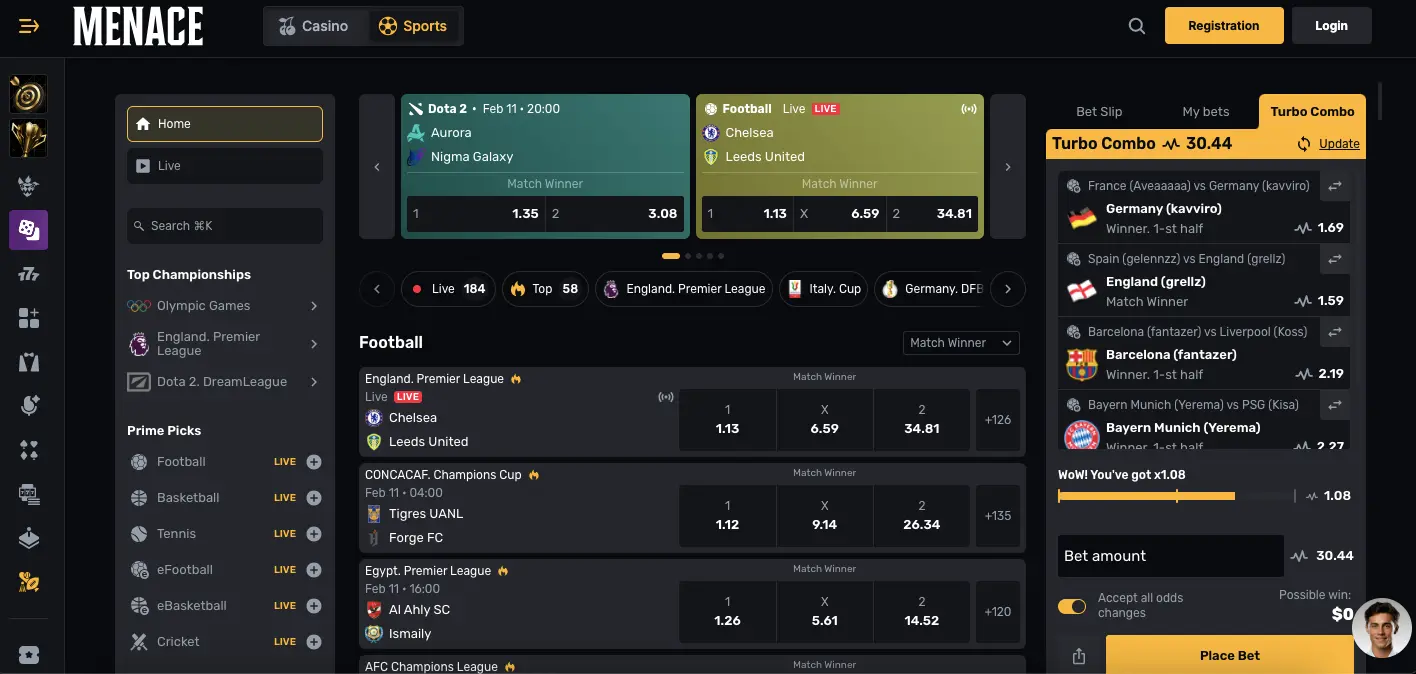 Menace casino sports markets and tournaments