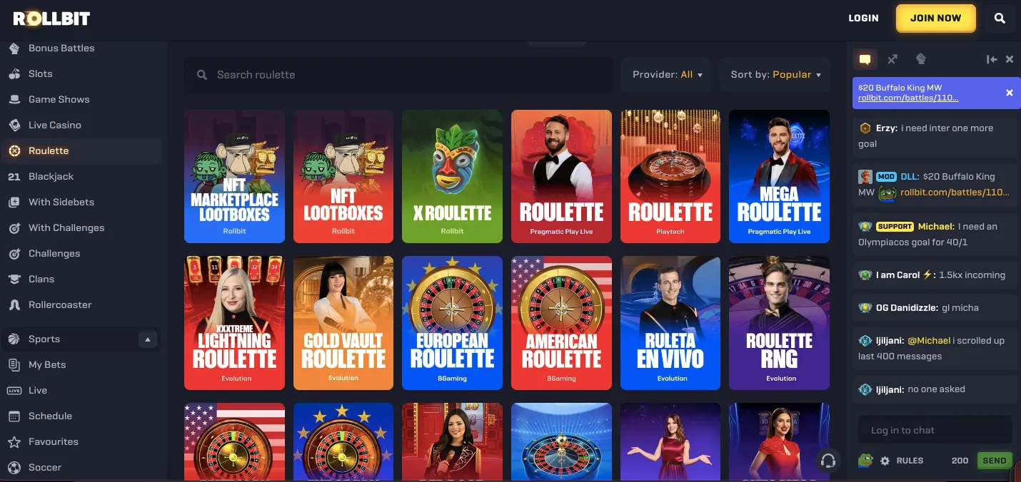 Rollbit casino table games