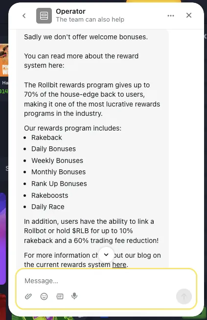 Rollbit welcome bonus support