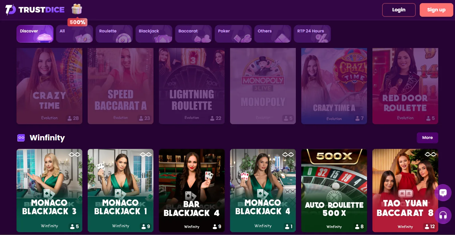 TrustDice live casino section